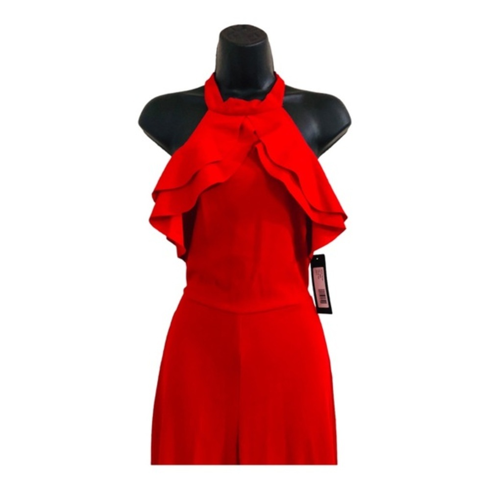 Bebe red Ruffle front belted sleeveless open back‎ Halter Jumpsuit size 2 new - Picture 7 of 15